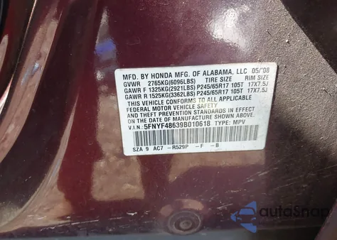 2009 Honda Pilot Ex-L z USA, uszkodzony, nr VIN 5FNYF48639B010618